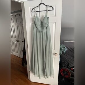 Azazie Light Green Maxi Dress color agave size 16